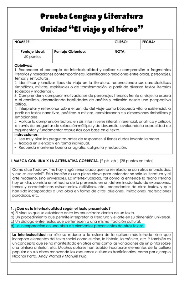 Prueba Unidad - El viaje y el héroe (Lengua y Literatura)