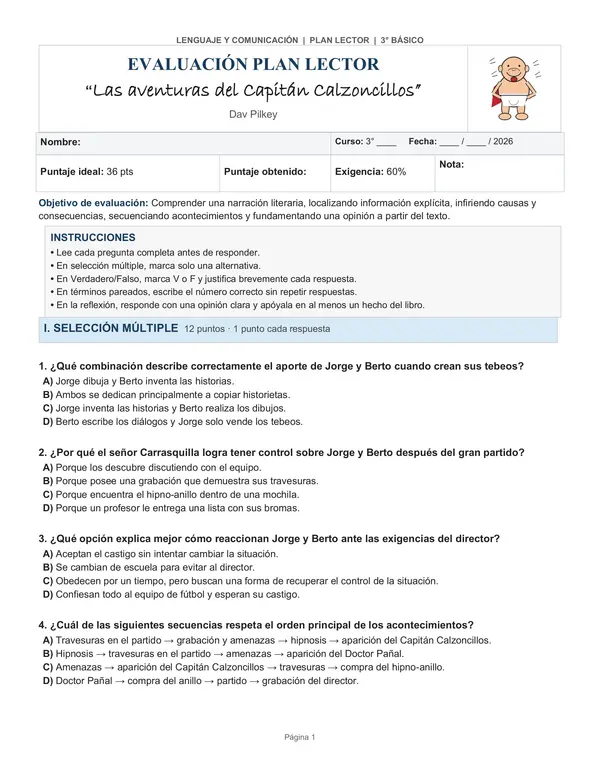 Evaluación Plan Lector + Pauta Docente | Las aventuras del Capitán Calzoncillos | 3° básico