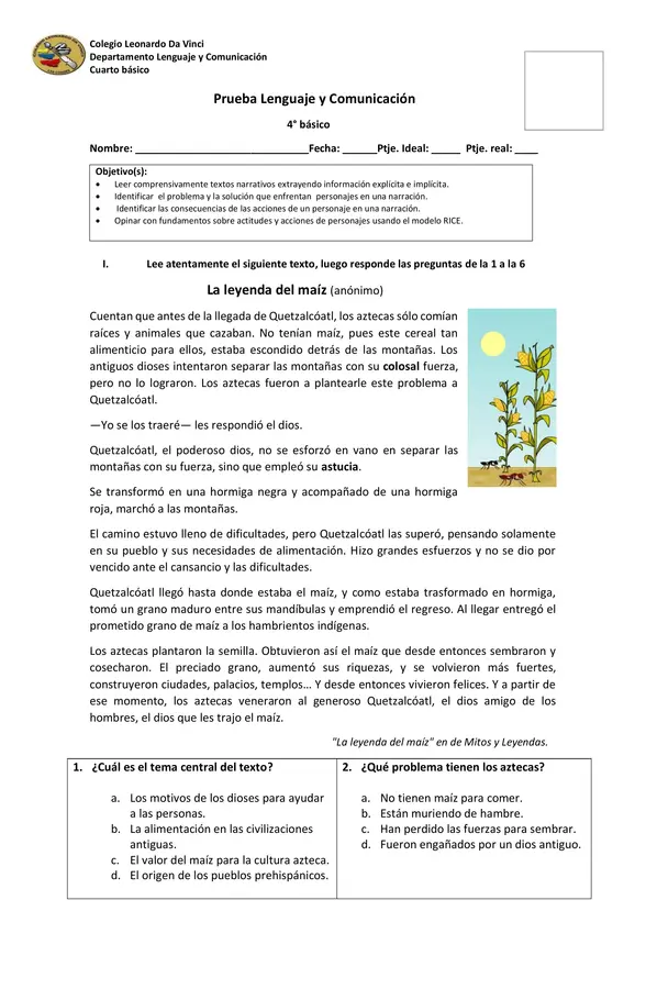 Prueba de Lenguaje y Comunicación 4° básico.