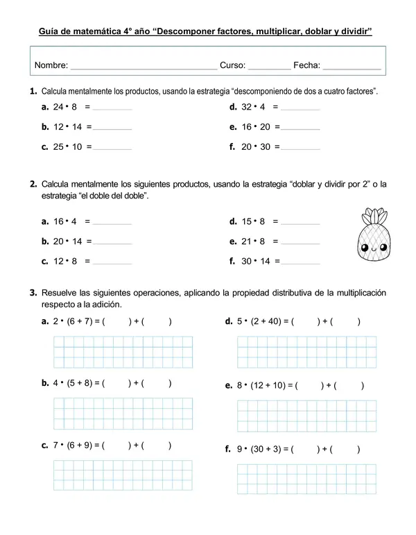 Guía 4°año "Descomponer factores, multiplicar, doblar y dividir"