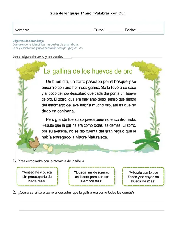 Guía de lenguaje 1°año " Palabras con CL"