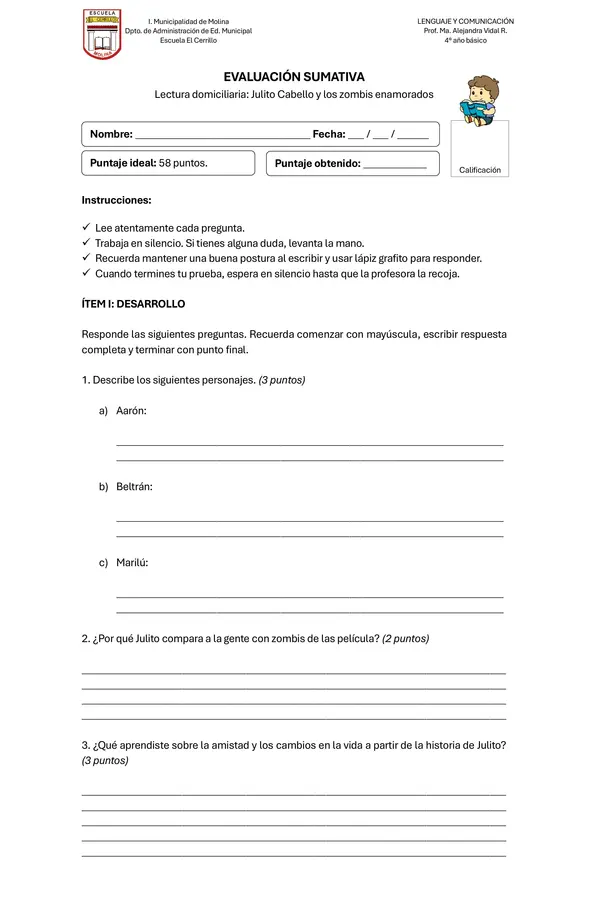 Evaluación: Lectura domiciliaria "Julito Cabello y los zombis enamorados"