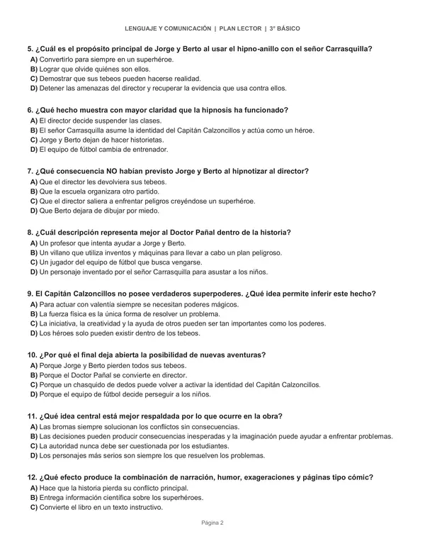 Evaluación Plan Lector + Pauta Docente | Las aventuras del Capitán Calzoncillos | 3° básico