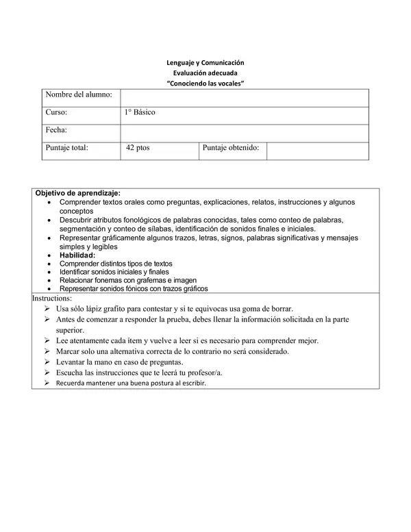 Prueba de lenguaje Vocales ADECUADA 
