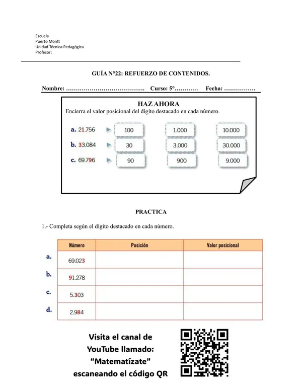 Refuerzo de contenidos de valor posicional, secuencias numéricas y orden de números