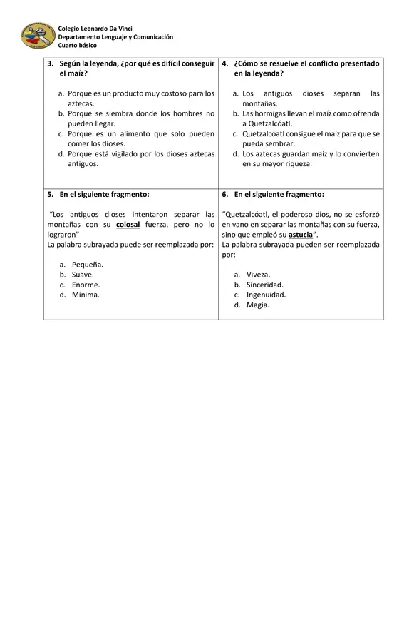 Prueba de Lenguaje y Comunicación 4° básico.