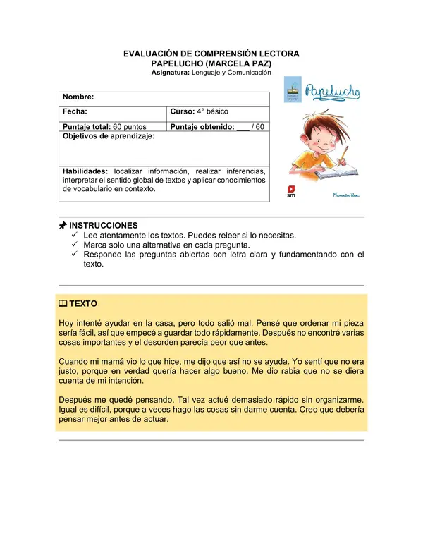 Prueba del libro "Papelucho" (Marcela Paz)