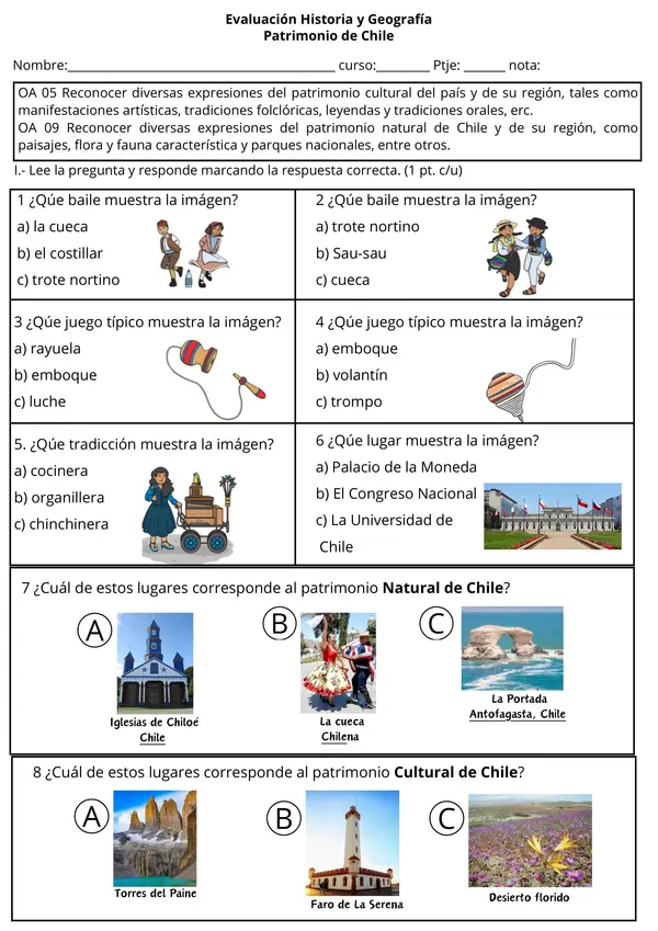 Evaluación de Historia y Geografía: Patrimonio Cultural y Natural de Chile
