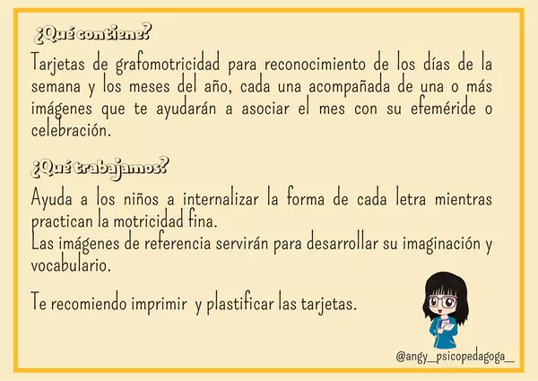 "Tarjetas de Grafomotricidad días de la semana y meses del año"