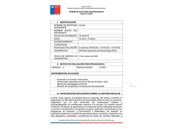 Informe Psicopedagógico 2026 PIE WORD Prellenado- Ejemplo