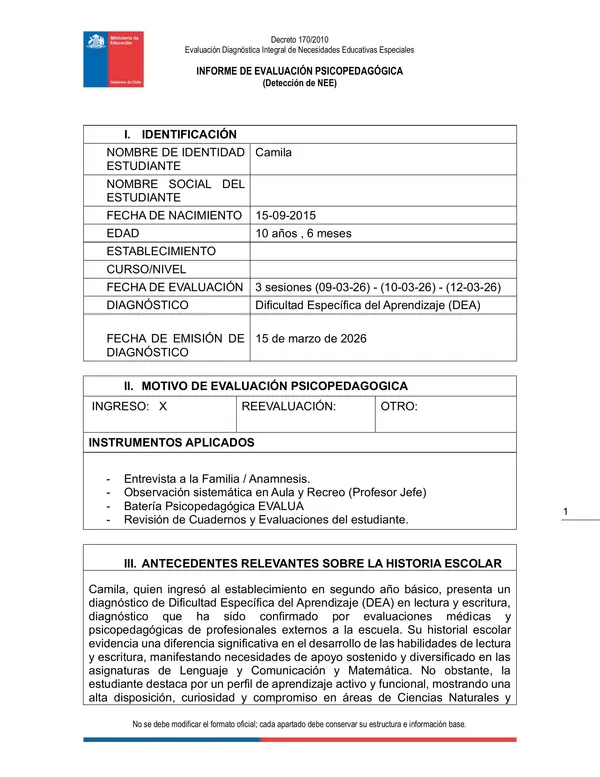 Informe Psicopedagógico 2026 PIE WORD Prellenado- Ejemplo