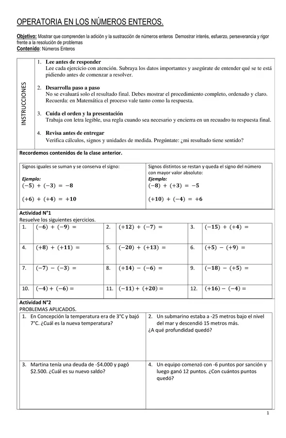 GUÍA DE SUMA Y RESTA DE NÚMEROS ENTEROS 