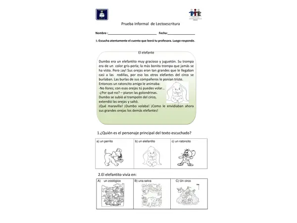 Prueba Informal de Lectoescritura 1° básico"