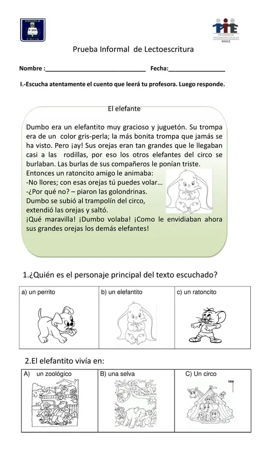 Prueba Informal de Lectoescritura 1° básico"