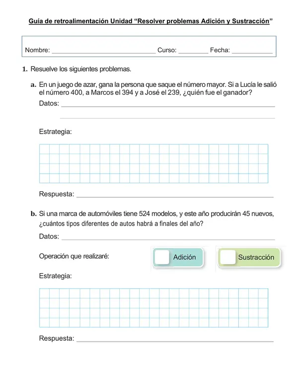 Guía de matemática 2°año "Resolver problemas de adición y sustracción"