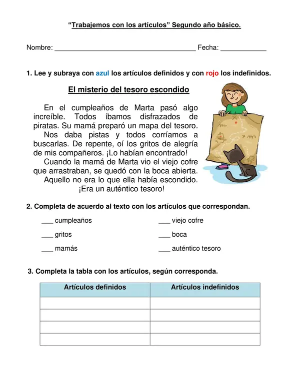 Guía "Artículos definidos e indefinidos" Segundo año básico.