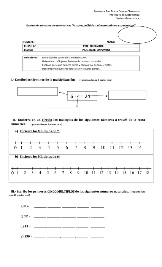 Evaluación Números primeros, compuestos, múltiplos, descomposición de números en factores primos 