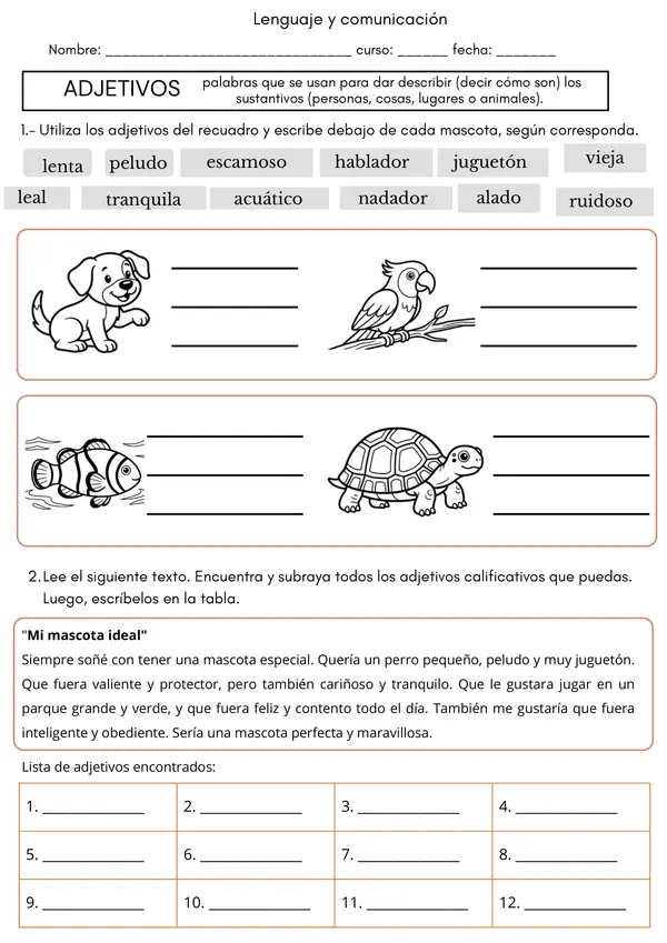  Ficha de Lenguaje: Adjetivos Calificativos - Mis Mascotas | 2° - 4° Básico