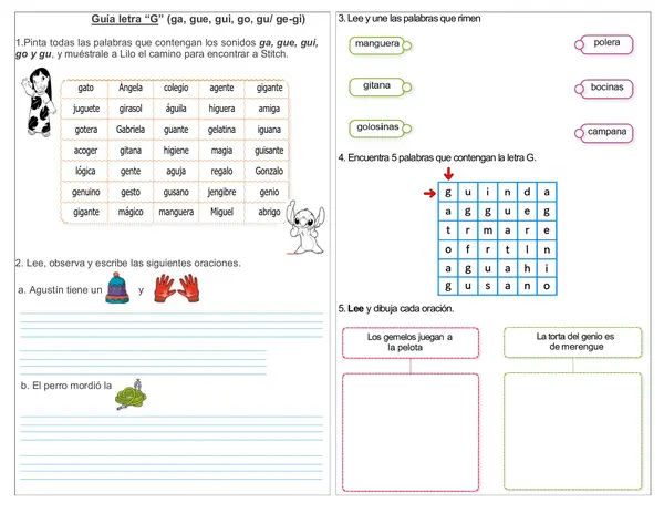 Guía 1° básico letra "G: ga, gue, gui, go, gu/ ge- gi"
