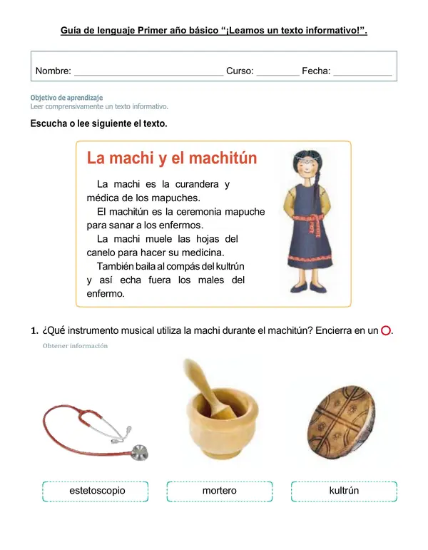 Guía de lenguaje 1°-2°año "Texto informativo: La machi y el machitún"