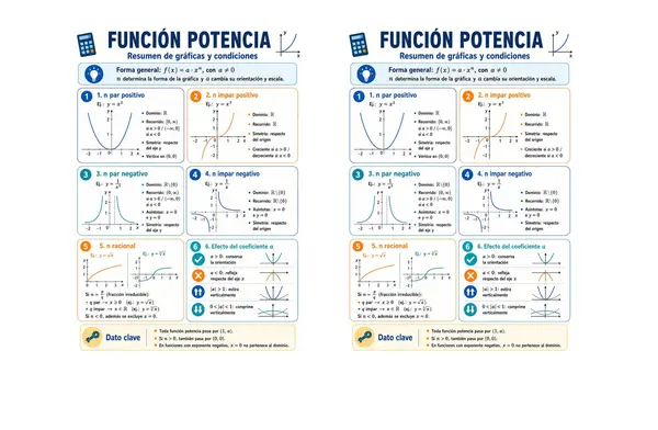 Función potencia: resumen visual y paso a paso para graficar