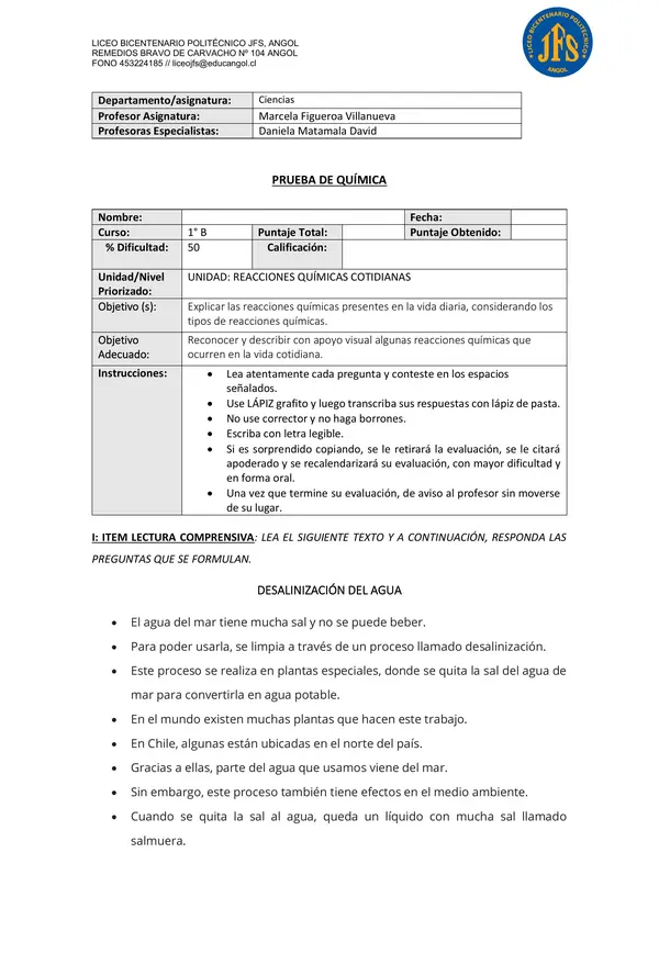 Evaluación Quimica