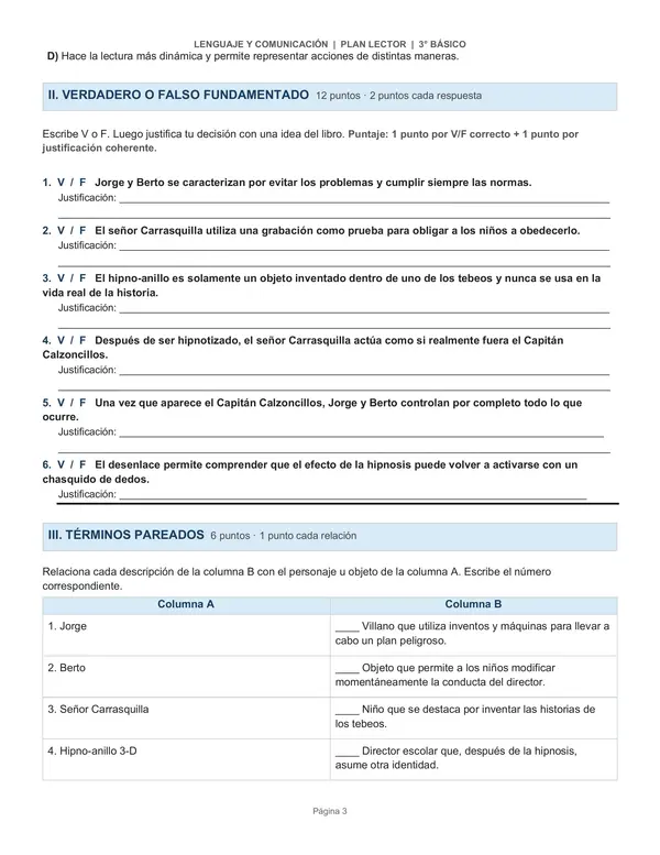 Evaluación Plan Lector + Pauta Docente | Las aventuras del Capitán Calzoncillos | 3° básico
