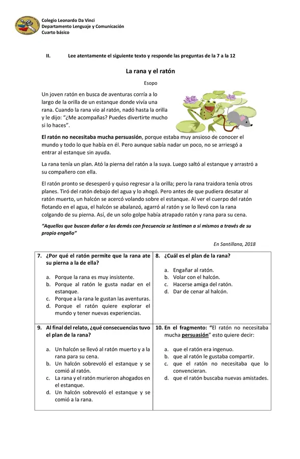 Prueba de Lenguaje y Comunicación 4° básico.