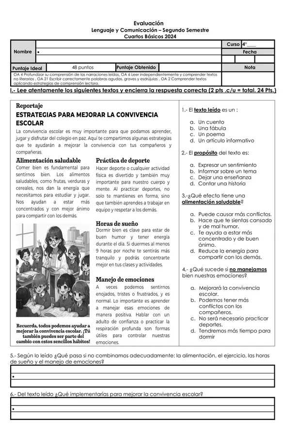 evaluación lenguaje artículo informativo , carta y acentuación