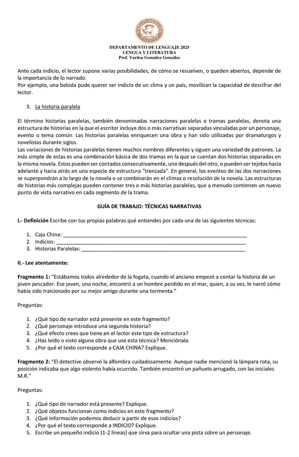 TÉCNICAS NARRATIVAS (CAJA CHINA, INDICIOS E HISTORIAS PARALELAS)