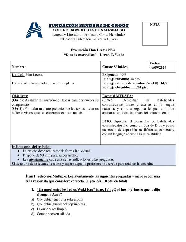 Evaluación de Plan Lector: "Dios de maravillas"