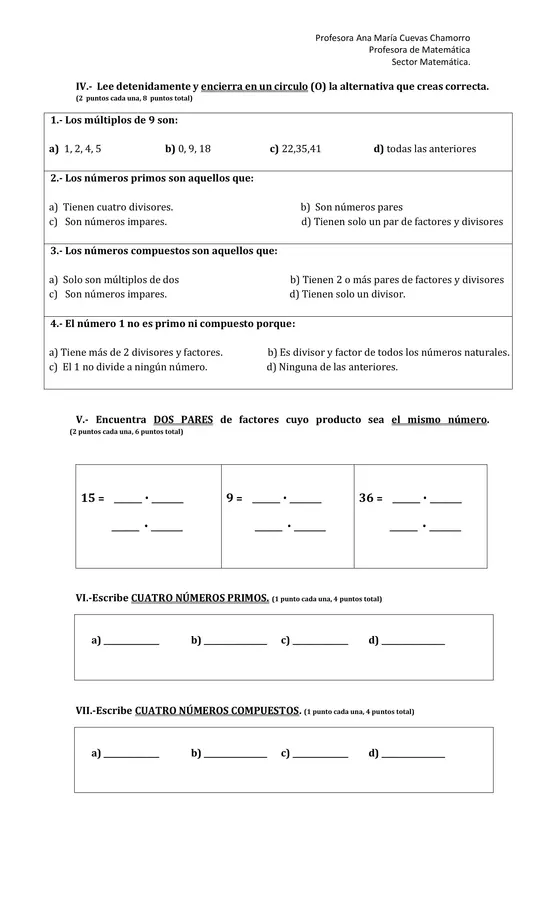 Evaluación Números primeros, compuestos, múltiplos, descomposición de números en factores primos 