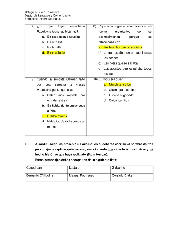 Evaluación Plan Lector "Papelucho historiador"