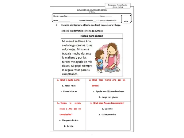 Evaluación de lenguaje comprensión lectora