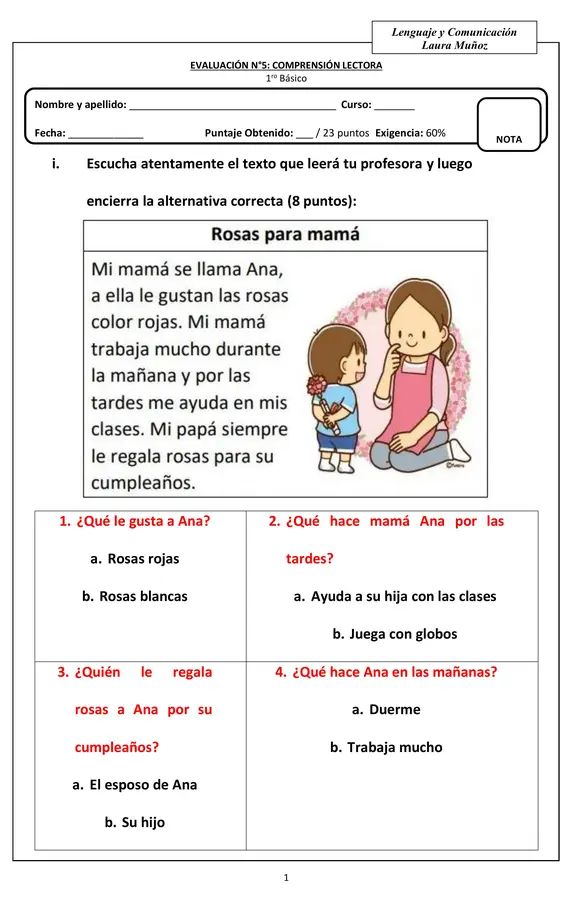 Evaluación de lenguaje comprensión lectora