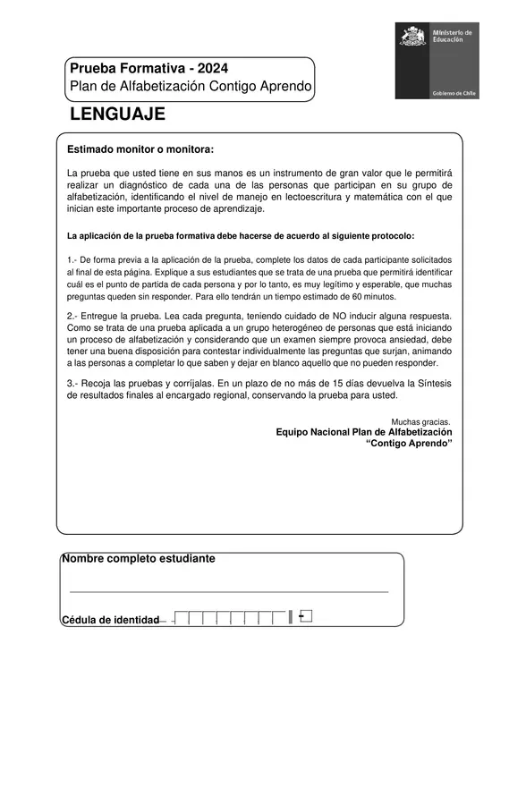 Prueba alfabetización 1° a 4° básico