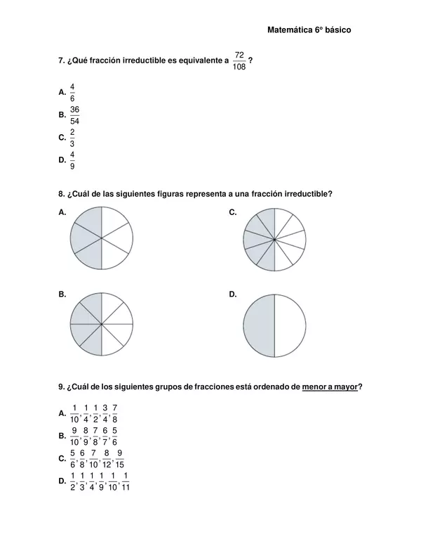Evaluación de matemáticas, 6° año, unidad: "Fracciones" 