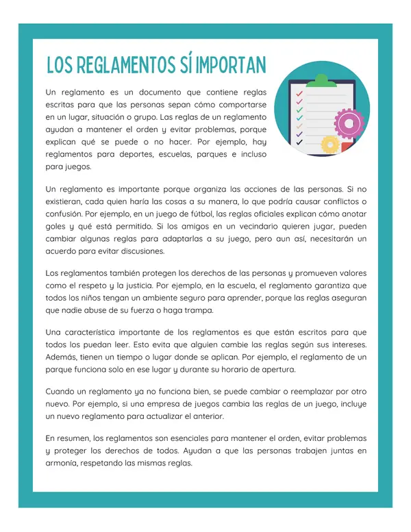 Comprensión lectora: Artículo Informativo - Los reglamentos sí importan