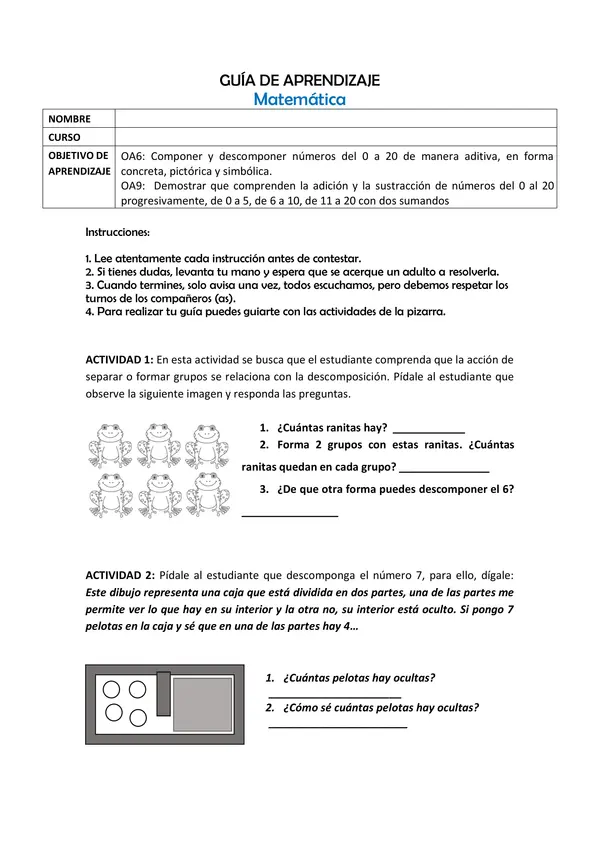 Guía de matemática: descomposición, adición y sustracción