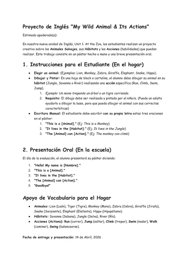 Unidad 1: At the zoo, Inglés segundo básico