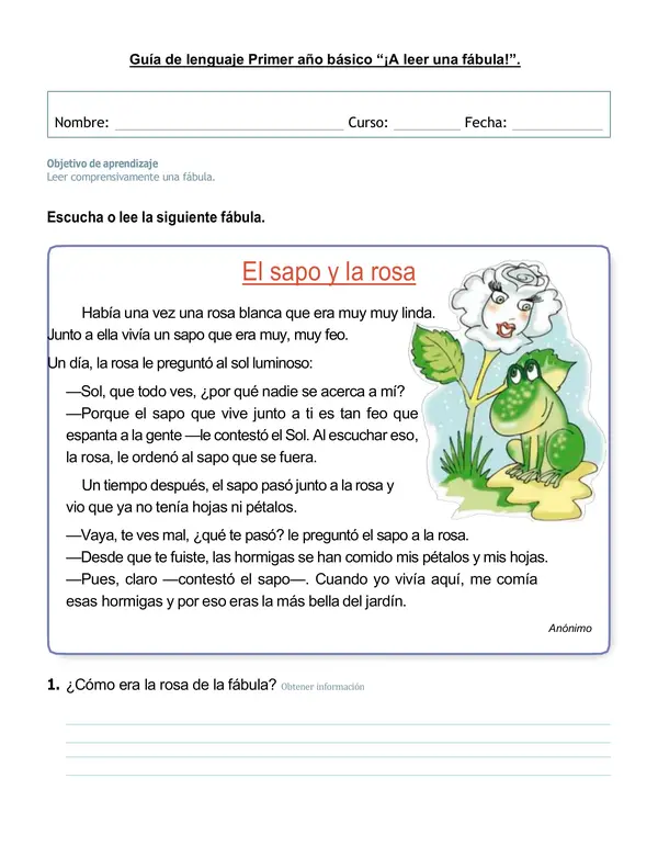 Guía 1°- 2° año básico lectura y comprensión de una fábula.