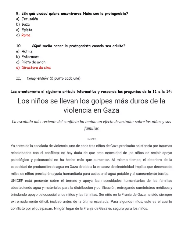 Control de lectura "Una botella en el mar de Gaza"