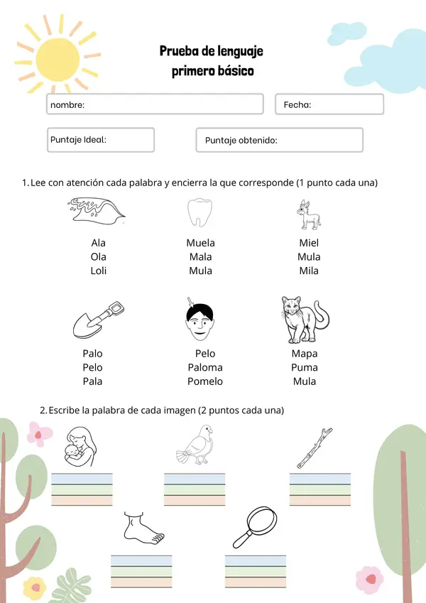 Evaluación lenguaje letra M, L y P