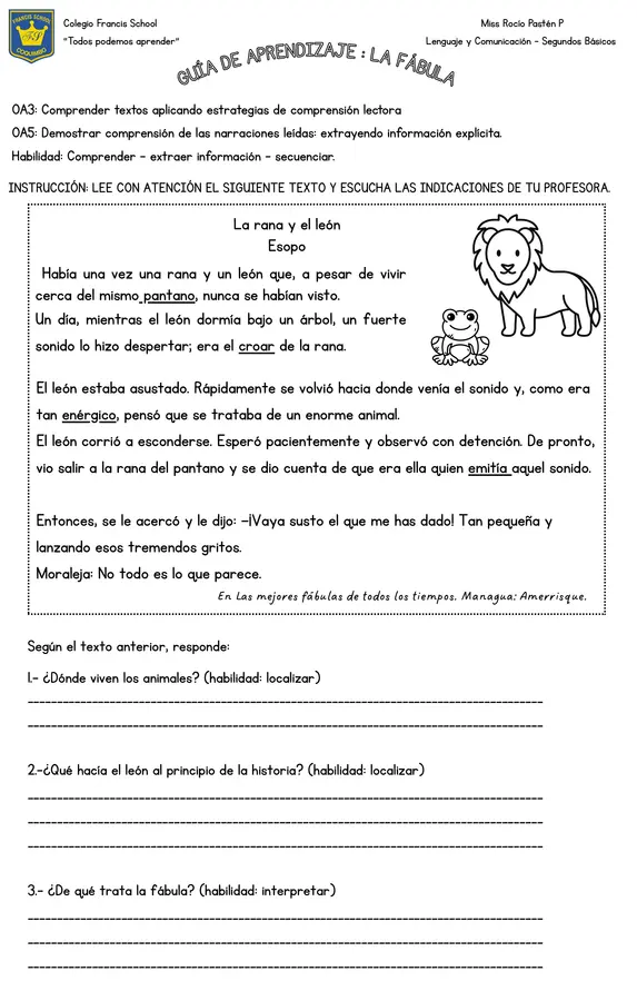 Guía de aprendizaje - Fábula "La rana y el león"