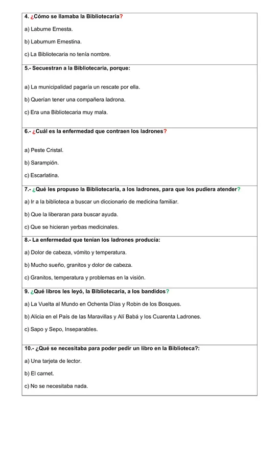 Evaluación de plan lector diferenciado secuestro de la bibliotecaria.