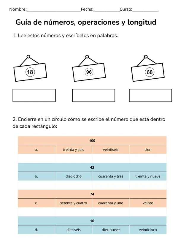 Guía de ejercicios de números- operaciones y longitud.