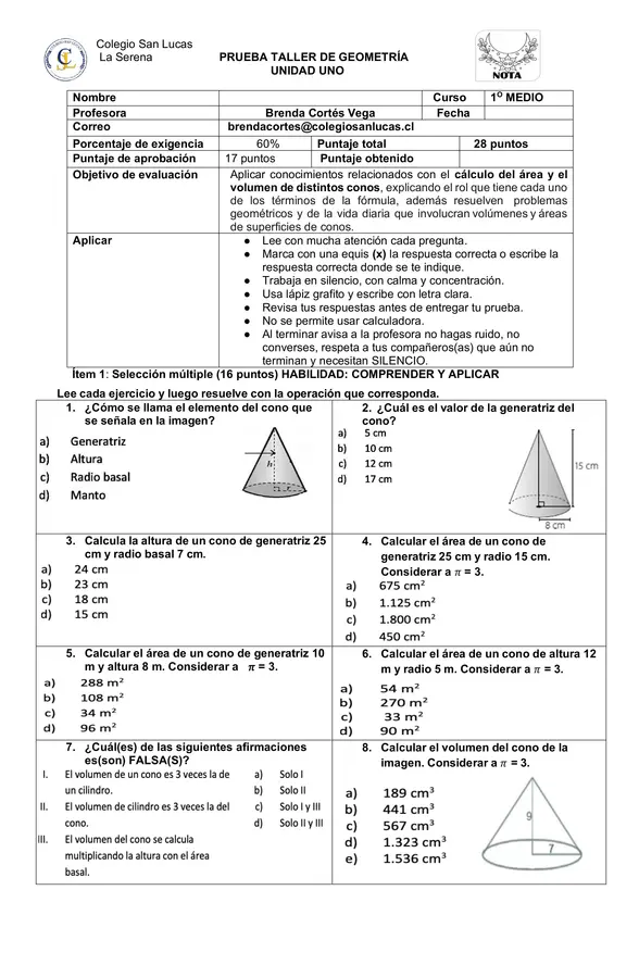 evaluacion unidad uno geometria: EL CONO