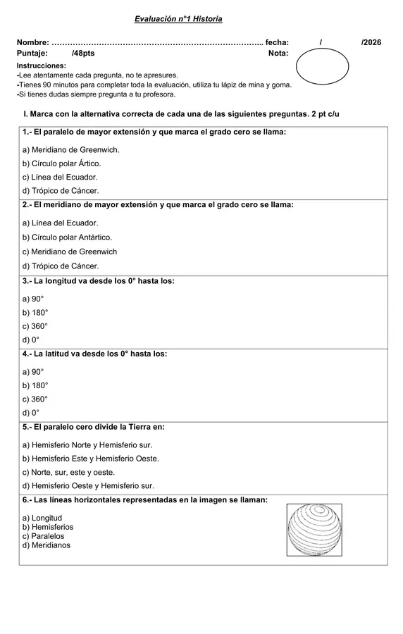 Evaluación paralelos meridianos latitud longitud