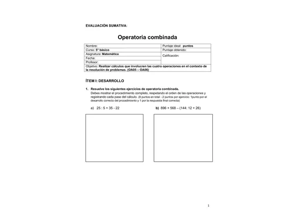 Evaluación Operatoria combinada 5° básico