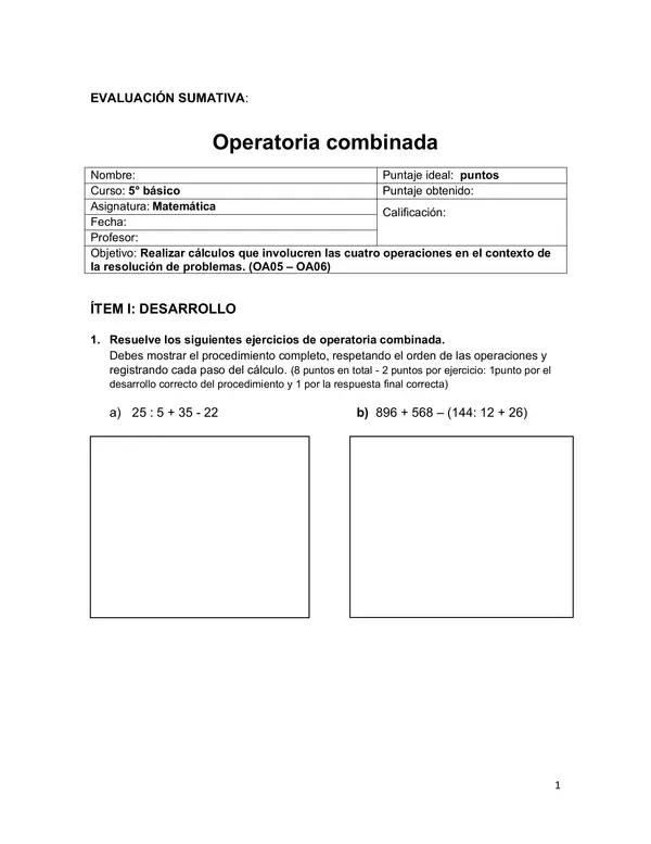 Evaluación Operatoria combinada 5° básico